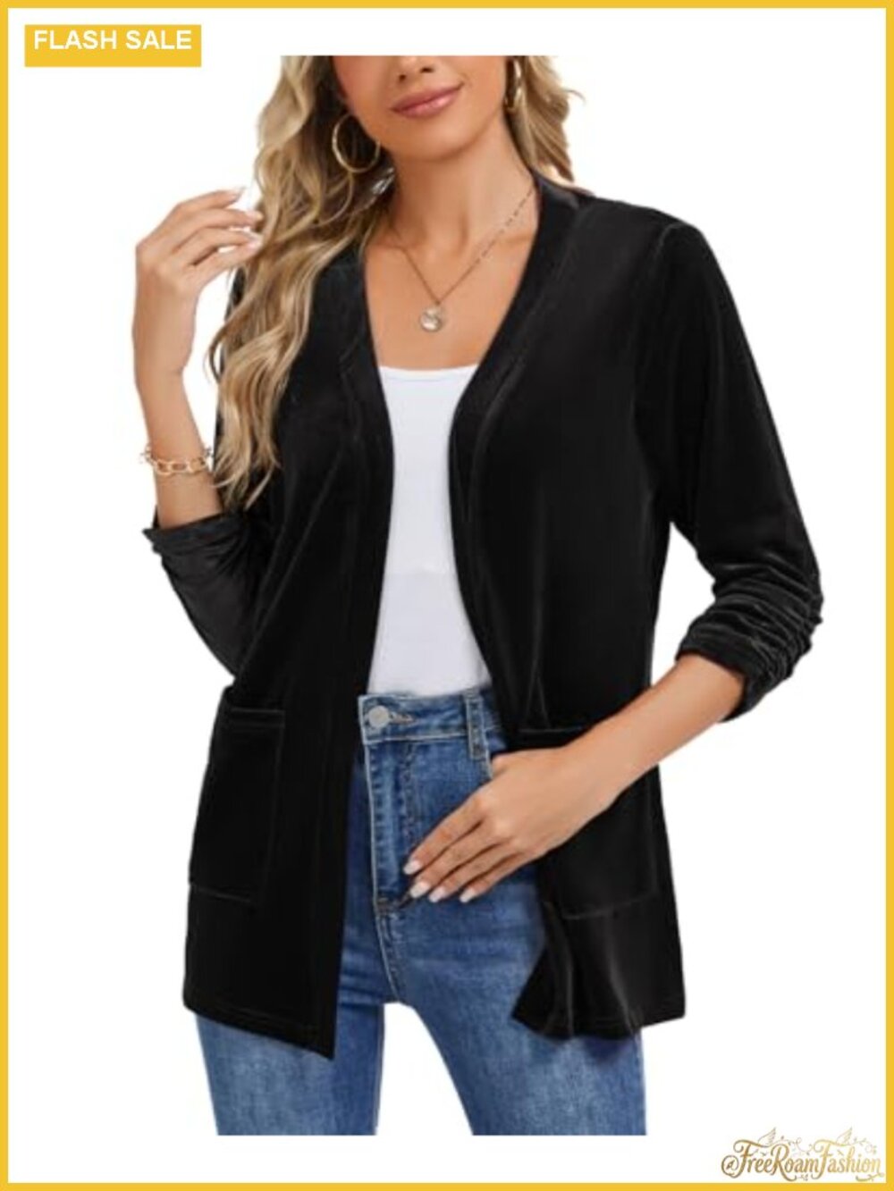 Velvet Cardigan Womens Ruched 3/4 Sleeve Open Front Lightweight Stretch